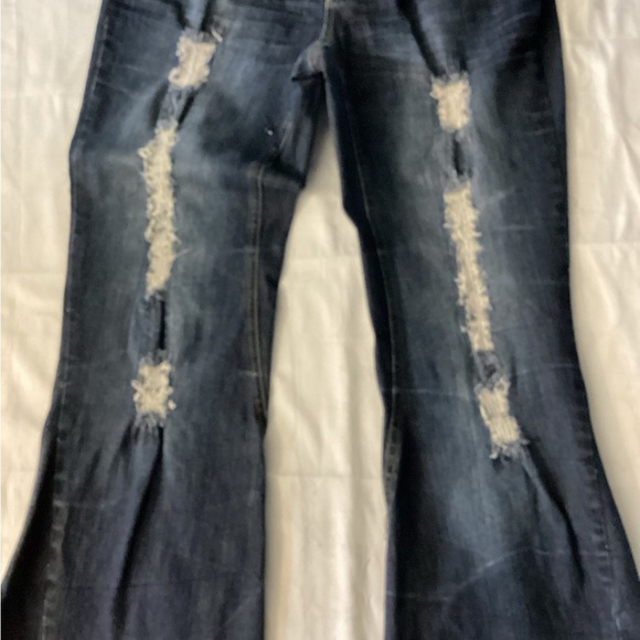Dark Blue Distressed Flare  Wide Leg.Jeans - Picture 2 of 4